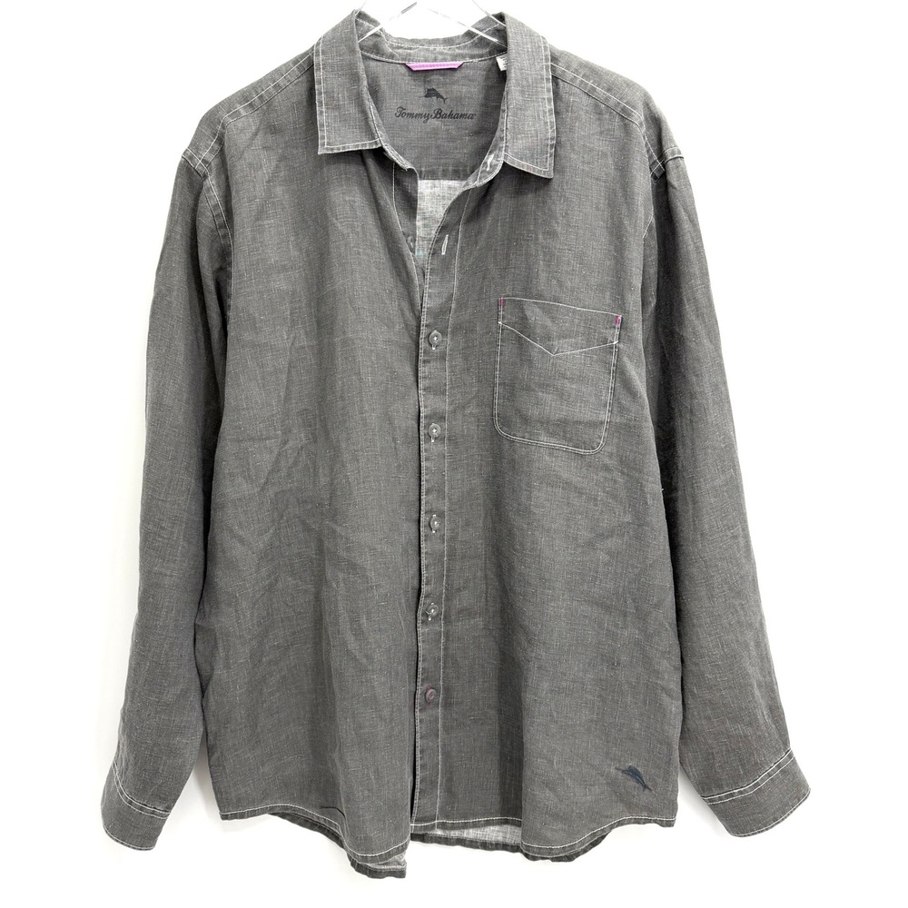 Tommy Bahama 100% Linen Mens XL Gray Long Sleeve Button Down Shirt Casual